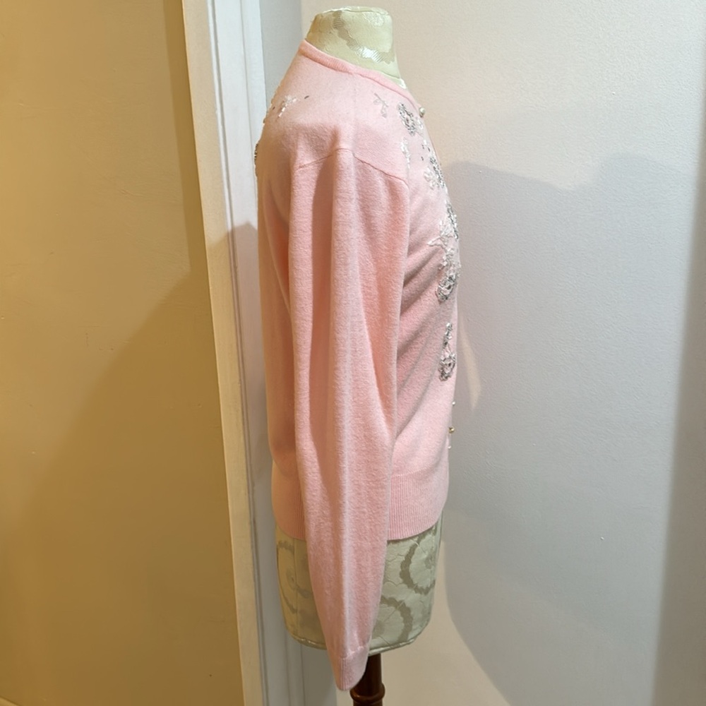 Jane Irwill Vintage Floral Pink Beaded Swarovski Faux Pearl Button Soft Cardigan - Picture 12 of 17